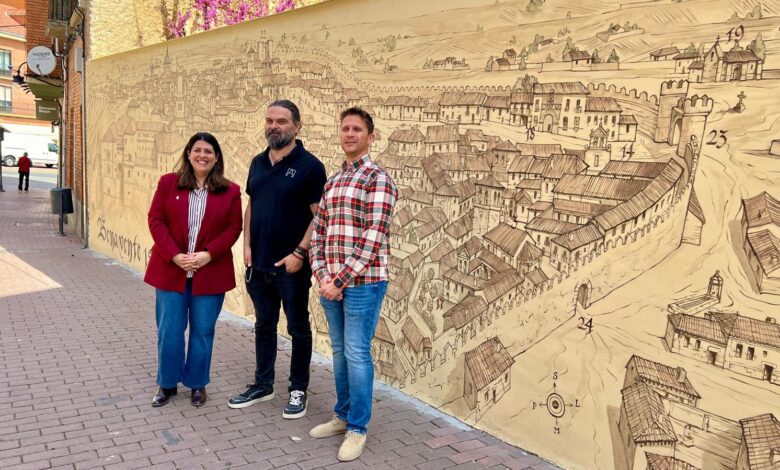 Mural de carlos adeva de benavente con una vista medieval de 1578